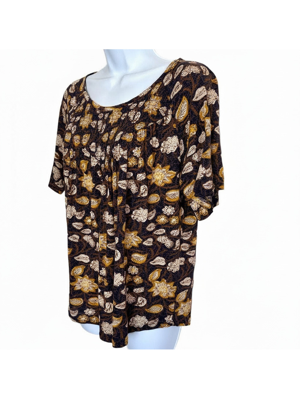 Lucky Brand Women's Small Scoop Neck Top Blue Brown Mustard Fall Colors